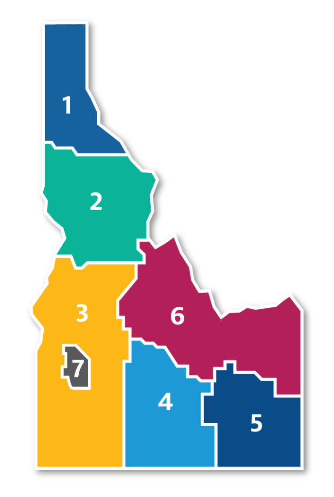 A map of Idaho with the seven House Idaho Collective regions highlighted in different colors.