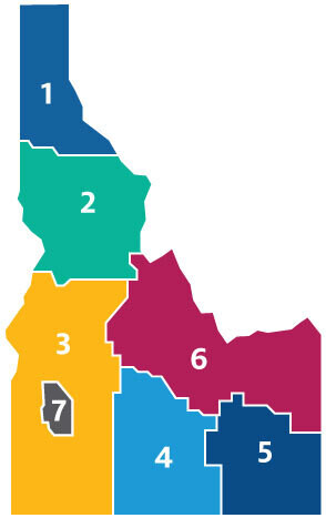 map of Idaho divided into numbered regions.